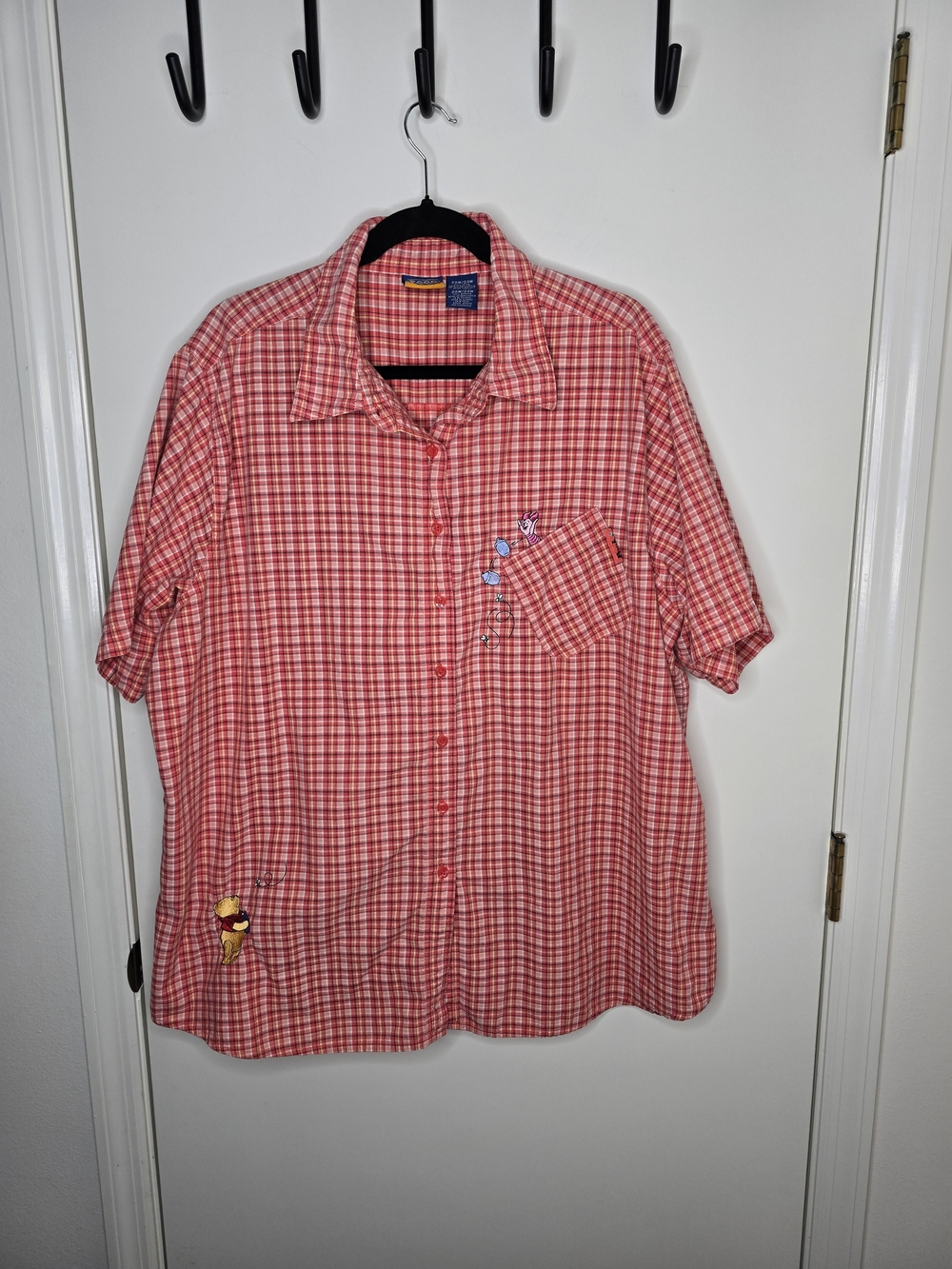 Disney Women's Red Plaid Short Sleeve Button-Down Shirt
